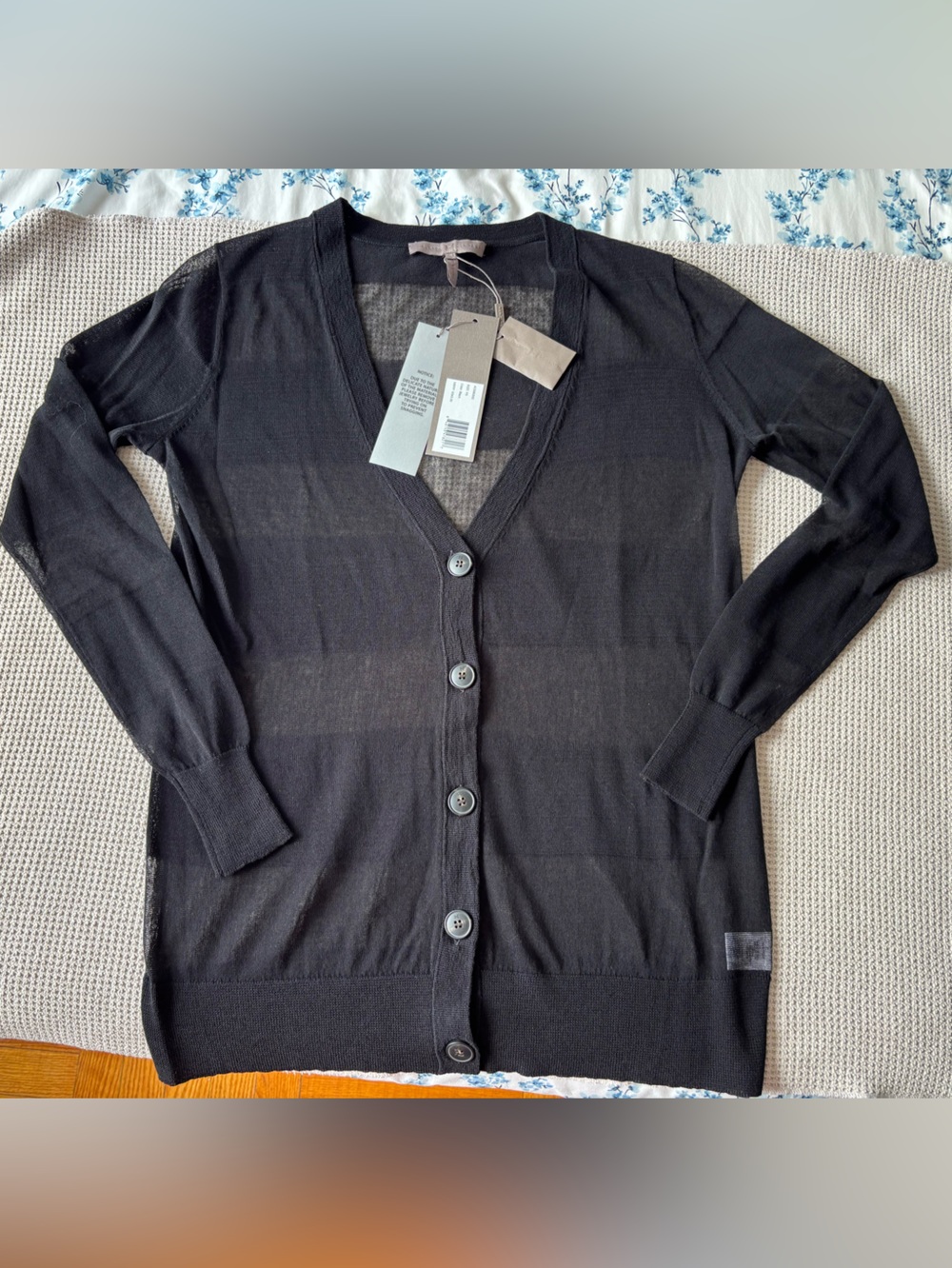Halston Heritage NWT Sheer Striped Button Front Knit Cardigan Sweater XS Black